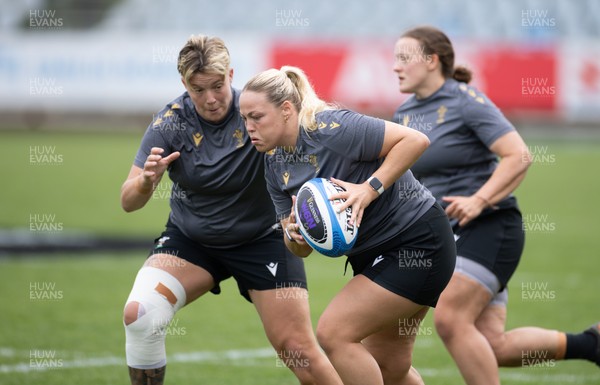 260425 - Wales Women Captains Run - Kelsey Jones and Donna Rose during Captains Run ahead of Wales’ final Guinness Women’s Six Nations match against Italy