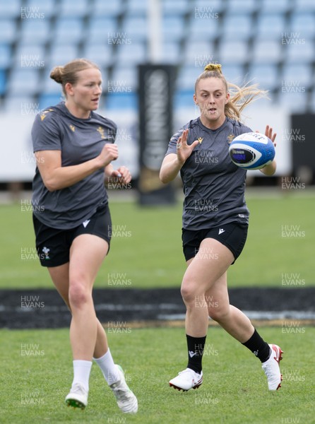 260425 - Wales Women Captains Run - Carys Cox and Hannah Jones during Captains Run ahead of Wales’ final Guinness Women’s Six Nations match against Italy