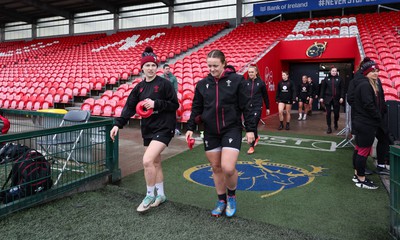 120424 - Wales Women Rugby Walkthrough - Keira Bevan and Lleucu George walk out during Captain’s Walkthrough and kickers session at Virgin Media Park, Cork, ahead of Wales’ Women’s 6 Nations match against Ireland