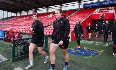 120424 - Wales Women Rugby Walkthrough - Keira Bevan and Lleucu George walk out during Captain’s Walkthrough and kickers session at Virgin Media Park, Cork, ahead of Wales’ Women’s 6 Nations match against Ireland