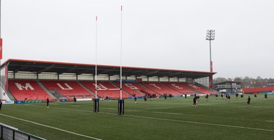 120424 - Wales Women Rugby Walkthrough - A general view of the Virgin Media Park during Captain’s Walkthrough and kickers session ahead of Wales’ Women’s 6 Nations match against Ireland