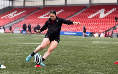 120424 - Wales Women Rugby Walkthrough - Sian Jones during the kickers session at Virgin Media Park, Cork, ahead of Wales’ Women’s 6 Nations match against Ireland