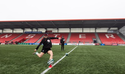 120424 - Wales Women Rugby Walkthrough - Keira Bevan during the kickers session at Virgin Media Park, Cork, ahead of Wales’ Women’s 6 Nations match against Ireland