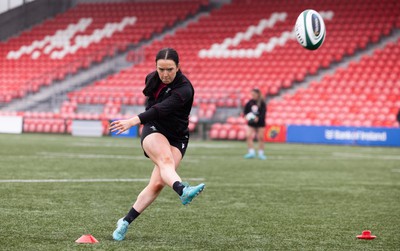 120424 - Wales Women Rugby Walkthrough - Sian Jones during the kickers session at Virgin Media Park, Cork, ahead of Wales’ Women’s 6 Nations match against Ireland