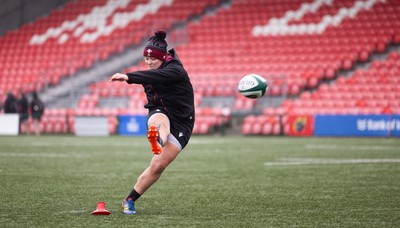 120424 - Wales Women Rugby Walkthrough - Lleucu George during the kickers session at Virgin Media Park, Cork, ahead of Wales’ Women’s 6 Nations match against Ireland