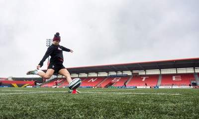 120424 - Wales Women Rugby Walkthrough - Keira Bevan during the kickers session at Virgin Media Park, Cork, ahead of Wales’ Women’s 6 Nations match against Ireland