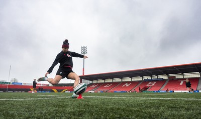 120424 - Wales Women Rugby Walkthrough - Keira Bevan during the kickers session at Virgin Media Park, Cork, ahead of Wales’ Women’s 6 Nations match against Ireland