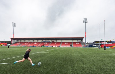 120424 - Wales Women Rugby Walkthrough - Kayleigh Powell during the kickers session at Virgin Media Park, Cork, ahead of Wales’ Women’s 6 Nations match against Ireland