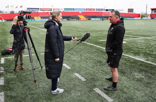 120424 - Wales Women Rugby Walkthrough - Shaun Connor, Wales Women attack coach, is interviewed by BBC Wales during Captain’s Walkthrough and kickers session at Virgin Media Park, Cork, ahead of Wales’ Women’s 6 Nations match against Ireland