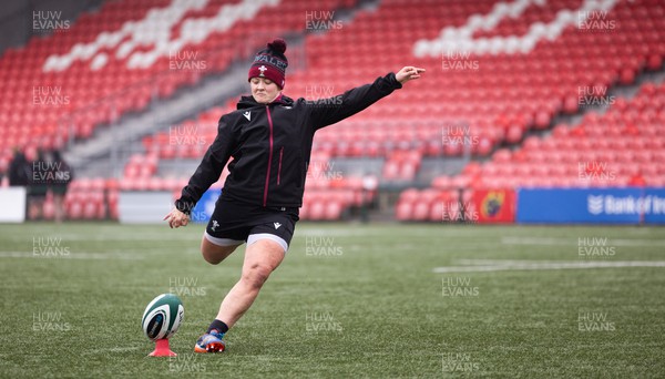 120424 - Wales Women Rugby Walkthrough - Lleucu George during the kickers session at Virgin Media Park, Cork, ahead of Wales’ Women’s 6 Nations match against Ireland
