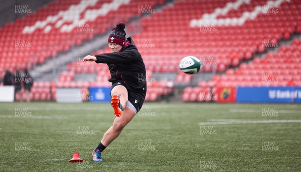 120424 - Wales Women Rugby Walkthrough - Lleucu George during the kickers session at Virgin Media Park, Cork, ahead of Wales’ Women’s 6 Nations match against Ireland