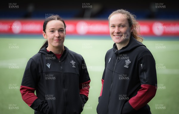 220324 - Wales Women Captain’s Walkthrough - Jenny Hesketh, right, who will make her Wales debut on Saturday and Sian Jones who could win her first cap if she comes off the bench, during Captain’s Walkthrough ahead of their opening Women’s 6 Nations match against Scotland