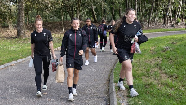 101023 - Wales Women Rugby team depart for WXV1 - Wales Women’s squad member, left to right, Lisa Neumann, Jasmine Joyce and Cerys Hale depart the National Centre of Excellence at the Vale as the depart for WXV1 in New Zealand