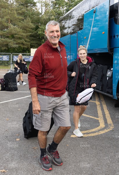 101023 - Wales Women Rugby team depart for WXV1 - Keira Bevan with father Richard as the team prepare to depart the National Centre of Excellence at the Vale for WXV1 in New Zealand