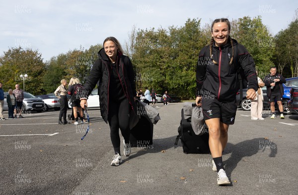 101023 - Wales Women Rugby team depart for WXV1 - Alisha Butchers and Jasmine Joyce make their way to the coach as they prepare to depart the National Centre of Excellence at the Vale for WXV1 in New Zealand