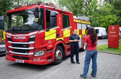 040526 - Wales Women Rugby with South Wales Fire Service - Wales International Squad member and South Wales Fire Service fire fighter Jenni Scoble brings her colleagues from Blue Watch Roath to meet and take part in team building with her Wales team members Jenni Scoble gives media interview