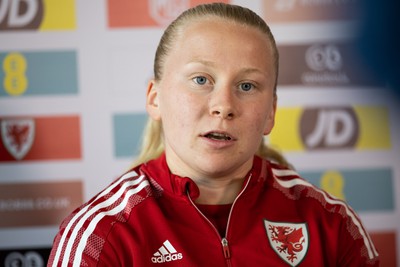 200622 - Wales Women Football Squad Announcement - Morgan Rogers speaks to media during press conference to announce the squad to take on New Zealand