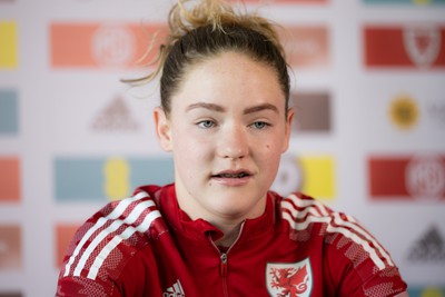 200622 - Wales Women Football Squad Announcement - Phoebie Poole speaks to media during press conference to announce the squad to take on New Zealand and a Wales Women Development Squad