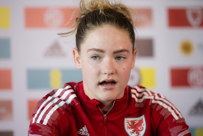 200622 - Wales Women Football Squad Announcement - Phoebie Poole speaks to media during press conference to announce the squad to take on New Zealand and a Wales Women Development Squad