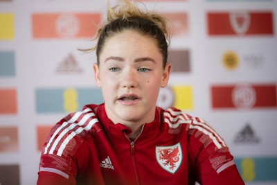 200622 - Wales Women Football Squad Announcement - Phoebie Poole speaks to media during press conference to announce the squad to take on New Zealand and a Wales Women Development Squad