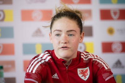 200622 - Wales Women Football Squad Announcement - Phoebie Poole speaks to media during press conference to announce the squad to take on New Zealand and a Wales Women Development Squad