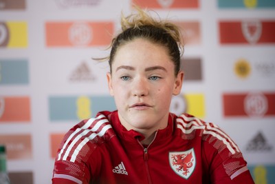 200622 - Wales Women Football Squad Announcement - Phoebie Poole speaks to media during press conference to announce the squad to take on New Zealand and a Wales Women Development Squad