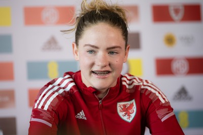 200622 - Wales Women Football Squad Announcement - Phoebie Poole speaks to media during press conference to announce the squad to take on New Zealand and a Wales Women Development Squad