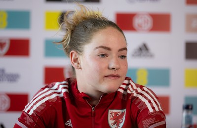 200622 - Wales Women Football Squad Announcement - Phoebie Poole speaks to media during press conference to announce the squad to take on New Zealand and a Wales Women Development Squad