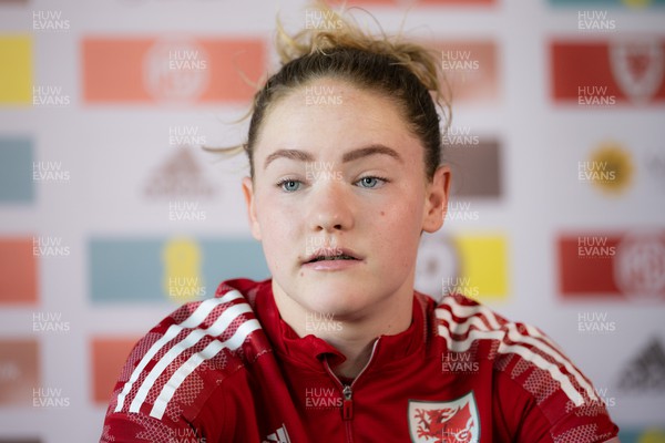 200622 - Wales Women Football Squad Announcement - Phoebie Poole speaks to media during press conference to announce the squad to take on New Zealand and a Wales Women Development Squad
