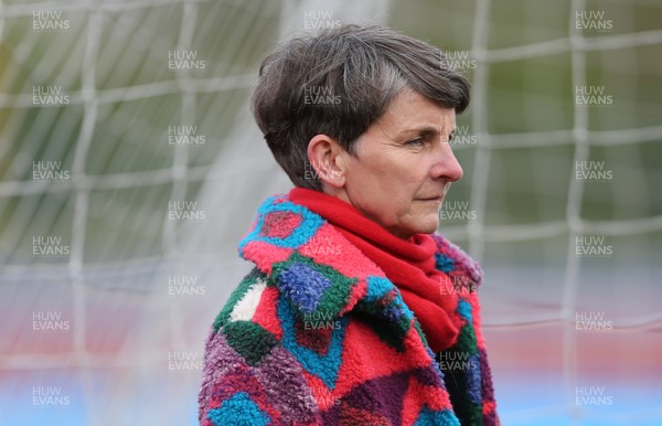 080421 Wales Women Football Training Session - Former Wales captain Professor Laura McAllister, who has been nominated by the Football Association of Wales for the position of UEFA's designated female representative on the FIFA council, looks on during a Wales Women training session at Leckwith Stadium ahead of their match against Canada