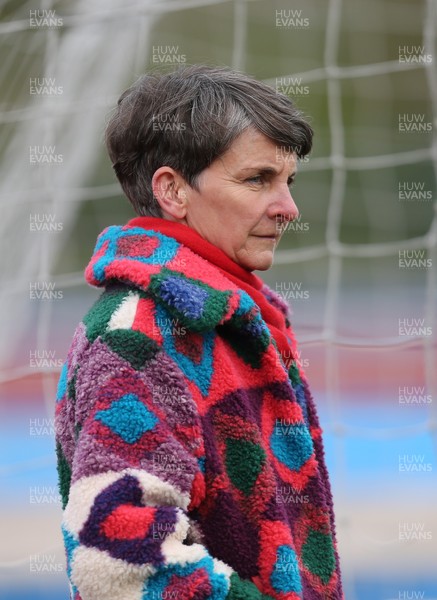 080421 Wales Women Football Training Session - Former Wales captain Professor Laura McAllister, who has been nominated by the Football Association of Wales for the position of UEFA's designated female representative on the FIFA council, looks on during a Wales Women training session at Leckwith Stadium ahead of their match against Canada
