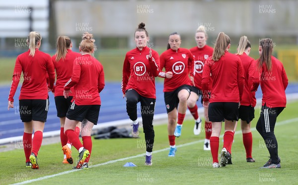 080421 Wales Women Football Training Session - Wales Women players warm up during a training session at Leckwith Stadium ahead of their match against Canada