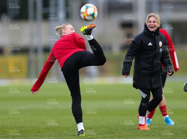 080421 Wales Women Football Training Session - Sophie Ingle, left and Jess Fishlock of Wales during a training session at Leckwith Stadium ahead of their match against Canada