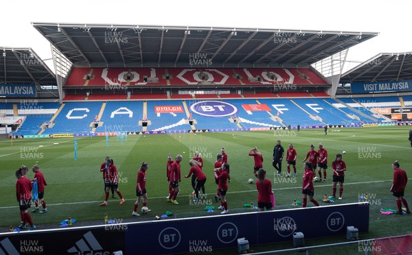120421 Wales Women Football Training Session - The Wales Women football squad warm up during a training session at Cardiff City Stadium ahead of their friendly international match against Denmark
