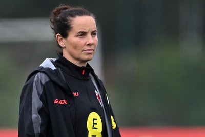121026 - Wales Women Football Training - Wales Manager, Rhian Wilkinson during training head of their sides World Cup play-off match against Albania