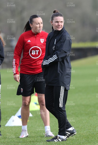 170221 - Wales Women Football Training Session - Interim assistant coach Loren Dykes with Natasha Harding during Wales Women's Football squad training  This is the first training session since the departure of Jayne Ludlow as Wales national team manager