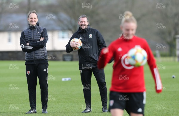 170221 - Wales Women Football Training Session - Interim coach David Adams, left, and interim assistant coach Matty Jones during a Wales Women training session