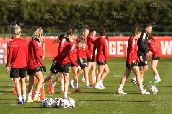 231121 - Wales Women Football Training - Wales Women squad members during a training session ahead of their World Cup qualifying match against Greece