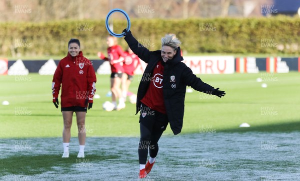 261120 - Wales Women Football Training session - Jess Fishlock celebrates after catching a disc in warm up during a training session ahead of their Women's European Championship Qualifying match against Belarus on the 1st December