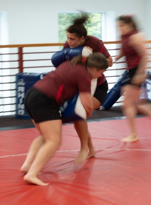 140426 - Wales Women Gym and Dojo Training session - Bryonie King and Maisie Davies during a gym and dojo training session ahead of their match against France 
