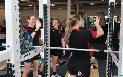 020424 - Wales Women’s Rugby Gym Session - Carys Cox, Jenny Hesketh and Amelia Tutt during a gym session ahead of Wales’ next Women’s 6 Nations match against Ireland