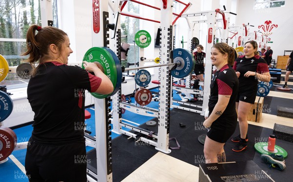 120324 - Wales Women Gym session - Kate Williams, Bethan Lewis and Gwen Crabb during a gym session ahead of the start of the Women’s 6 Nations