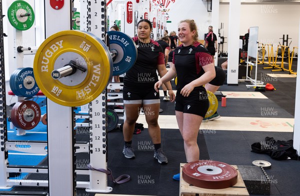 120324 - Wales Women Gym session - Sisilia Tuipulotu and Abbie Fleming during a gym session ahead of the start of the Women’s 6 Nations