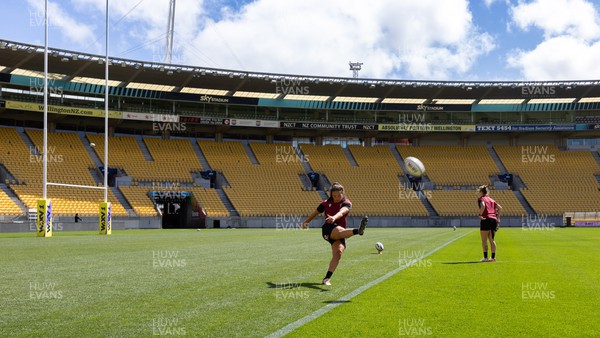 191023 - Stadium Walkthrough and Kickers Session - Megan Davies takes a kick during a kickers session at Sky Stadium, Wellington, where Wales will take on Canada in the first of their WXV1 matches