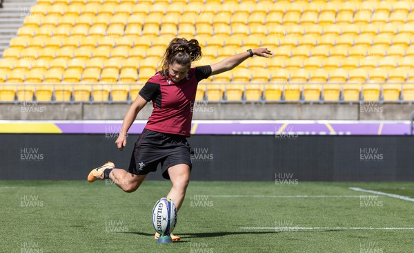 191023 - Stadium Walkthrough and Kickers Session - Robyn Wilkins takes a kick during a kickers session at Sky Stadium, Wellington, where Wales will take on Canada in the first of their WXV1 matches