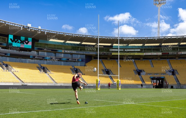 191023 - Stadium Walkthrough and Kickers Session - Keira Bevan takes a kick during a kickers session at Sky Stadium, Wellington, where Wales will take on Canada in the first of their WXV1 matches