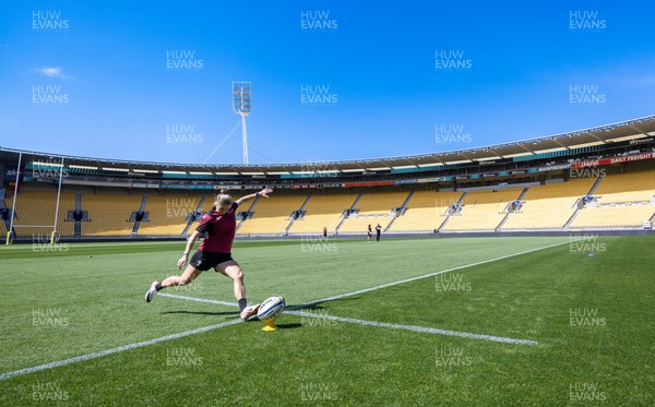 191023 - Stadium Walkthrough and Kickers Session - Keira Bevan takes a kick during a kickers session at Sky Stadium, Wellington, where Wales will take on Canada in the first of their WXV1 matches