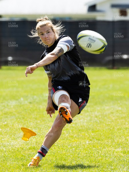 271022 - Wales Women Rugby Training Session - Keira Bevan of Wales goes through kicking practice ahead of the Women’s Rugby World Cup Quarter Final against New Zealand
