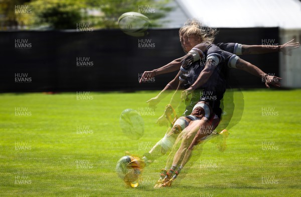 271022 - Wales Women Rugby Training Session - A multiple exposure shot of Keira Bevan of Wales as she goes through kicking practice ahead of the Women’s Rugby World Cup Quarter Final against New Zealand NB - Editors note, image created with additional software