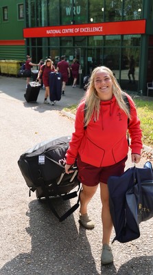 150825 - Wales Women Rugby Team - Wales’ Kelsey Jones makes her way to the Wales Rugby World Cup Team coach as they leave their Vale headquarters to head to Manchester for the Women’s Rugby World Cup